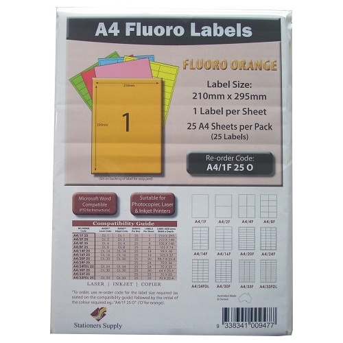 Labels  1up Laser Inkjet Copier Fluoro Orange 1 Per Sheet Stationers Supply Pack 25