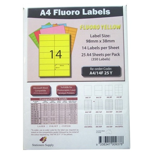 Labels 14up Laser Inkjet Copier Fluoro Yellow Stationers Supply Pack 25 3500 labels A414F25Y  