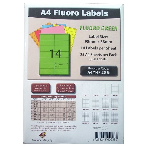 Labels 14up Laser Inkjet Copier Fluoro Green Stationers Supply Pack 25 A414F25G 