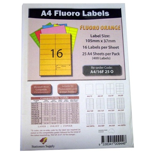 Labels 16up Laser Inkjet Copier A416F25O Fluoro Orange Stationers Supply Pack 25