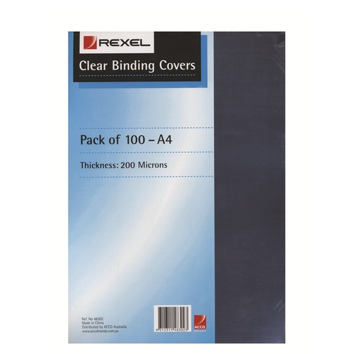 Binding Cover Clear A4 200 Micron box 100 Rexel 48302
