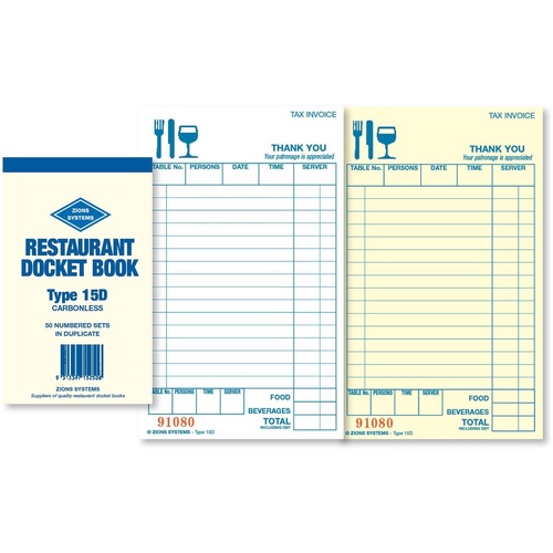 Restaurant Docket Book Zions SM Type Carbonless Duplicate 15D Z-15D