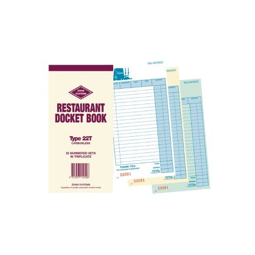Restaurant Docket Book Triplicate Carbonless EL Type 22T Zions