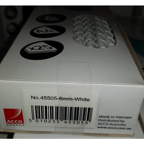 Binding Coil 21 loop Plastic  6mm White Box 100 Rexel 45505