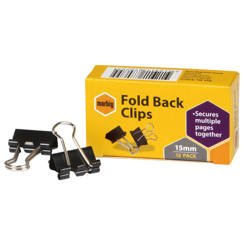  Foldback Clips 15mm box 12 Marbig 87075 Standard Office 