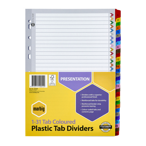 Dividers A4 1-31 Tabs Marbig 35028F reinforced Plastic tabs 