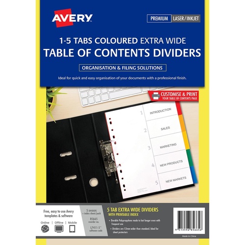Dividers A4  5 tab PP 1-5 Tabs L7411-5 Extra wide laser Inkjet Bright 85665
