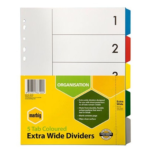 Dividers A4  5 Tab PP Extra Wide Dividers 36100 Multicolour Marbig   set 5 
