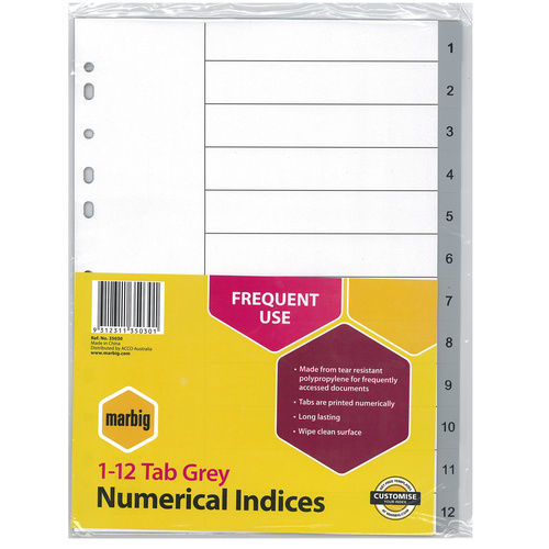 Dividers Numerical A4 1-12 Marbig 35030 Grey 