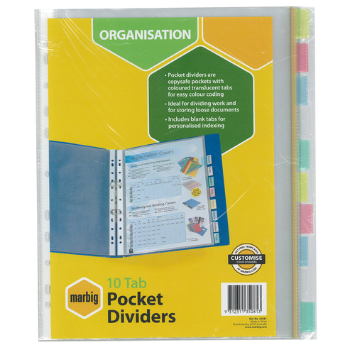 Dividers A4 10 Tab Pocket PP Insertable 35081 Marbig
