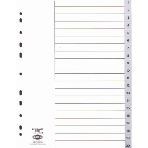 Dividers Numerical A4 PP 1-20 Grey 35130 - set 20 Marbig 