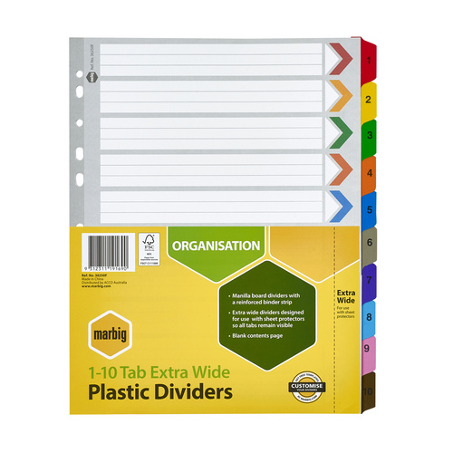Dividers A4 1-10 Tab Board Marbig 36250 Extra Wide Reinforced Tab Multi colour 