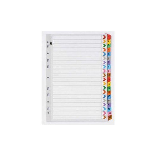 Dividers Marbig Board with Plastic Tab Coloured A4 Board 1-20 Reinforced Tab 35023 - set 20 