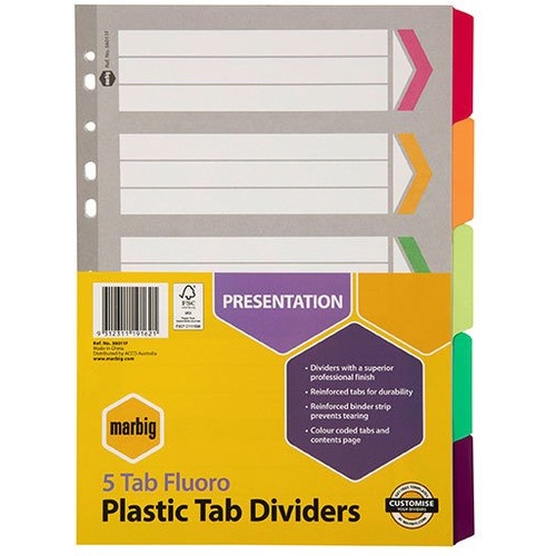 Dividers A4 5 Tab Manilla Reinforced Fluoro 36011 Marbig
