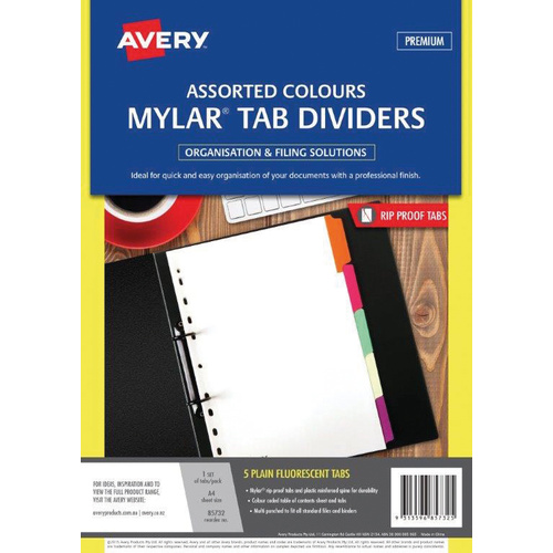 Dividers A4 5 tab Mylar White Rip Proof Plain Fluoro Tabs 85732 Avery 