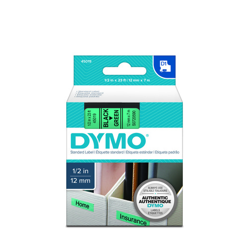 Dymo Label Tape D1 12x7m Black on Green Tape SD45019