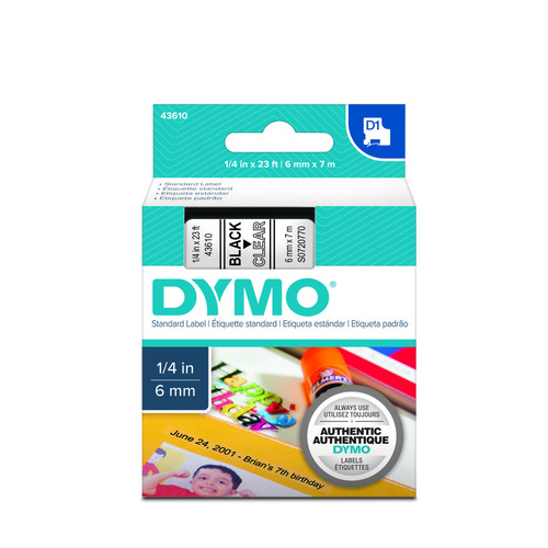 Dymo Label Tape D1  6x7m Black on Clear Tape SD43610 S0720770