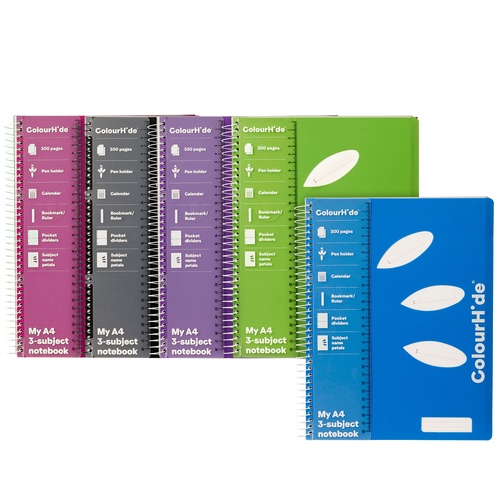 Notebook A4 3 Subject 300 Page Assorted 1716099 Pack 5 Marbig Colourhide