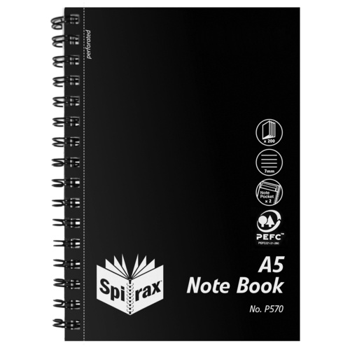 Notebook A5 200 page pack 5 P570 Spirax 210x148mm PP Side Open