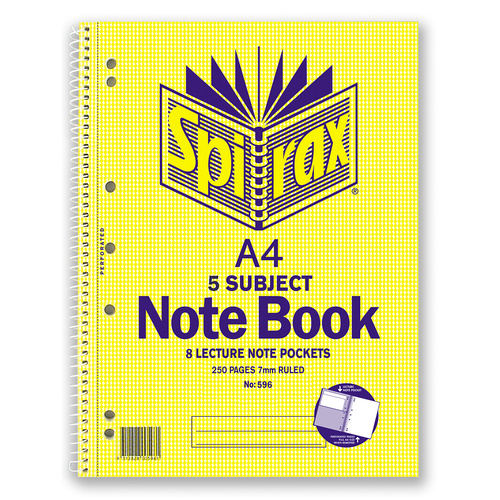 Notebook A4 5 Subject 280 page with Lecture note pockets pack 5 Spirax 596 43111
