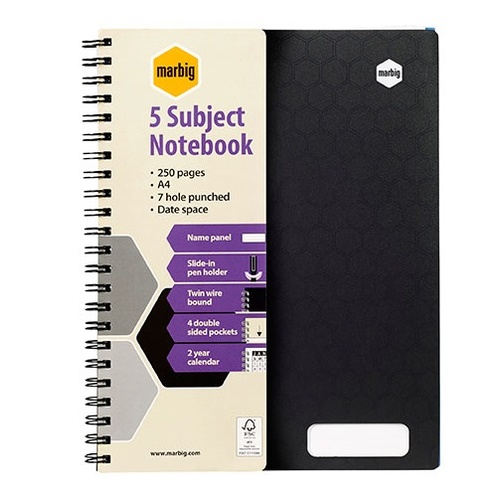 52.50 NoteBook A4 5 Subject 250 Page Side Spiral Marbig
