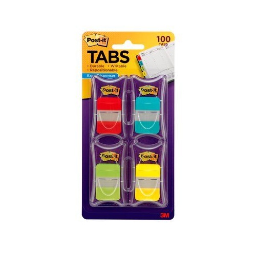Tabs Post It Durable 25mm 686-RALY 4x 25mm pack 25x Red Aqua Lime yellow tabs with Dispenser