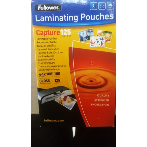 Laminating Pouch 64x108mm 125 Micron Pack 100 Gloss Finish 53090 Fellowes WITH LUGGAGE SLOT
