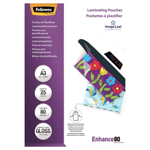 Laminating Pouch A3  80 Micron  Pack 25 Gloss 53964 Fellowes 