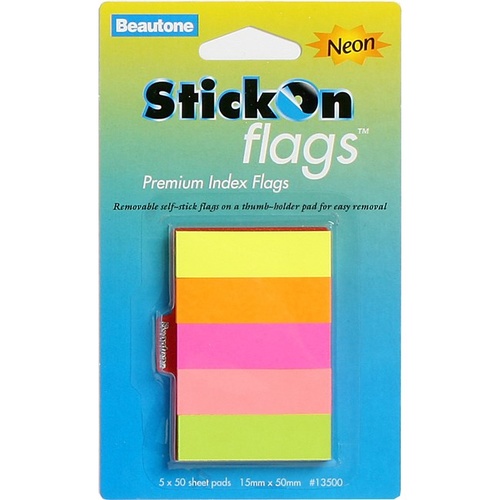 Stick On Flags 15x50mm 5 Pads x50 Sheets Neon Assorted Beautone 13500
