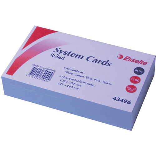5x3 Cards Ruled Esselte Blue 75x125mm Pack 100 43496