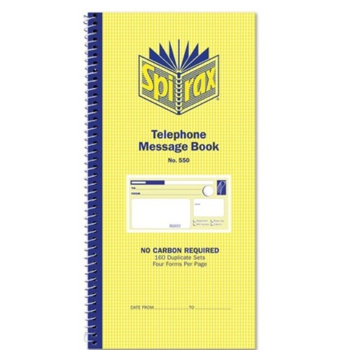 Telephone Message Book 550 Carbonless Spirax 55227 - pack 10 