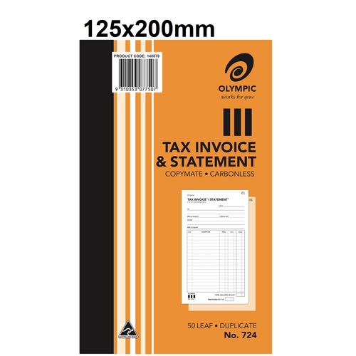 Invoice Statement Book  8x5 #724 Duplicate Carbonless Olympic 205x125mm - sold each #142800