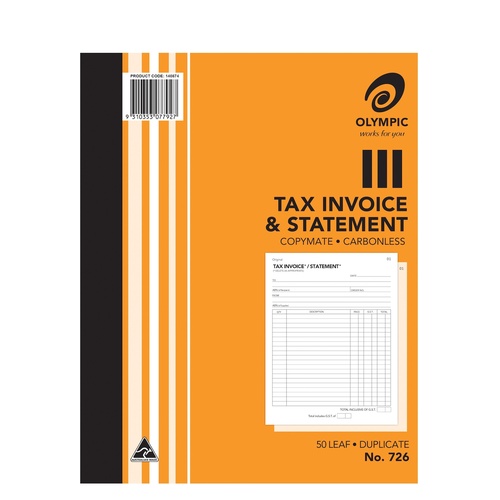 Invoice Statement Book 10x8 Olympic 726 Duplicate Carbonless 250x200mm - sold each #142804