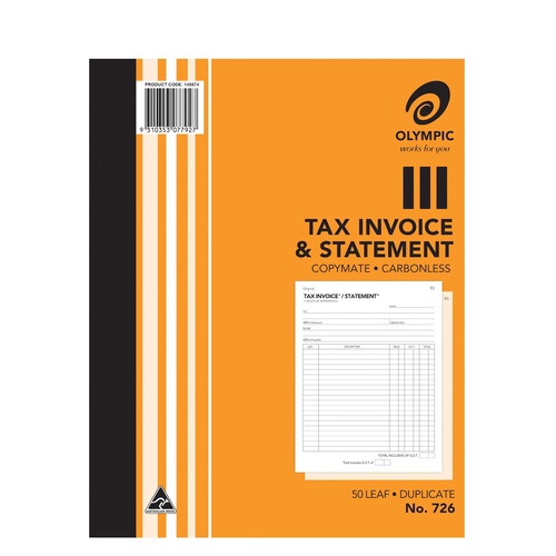 Invoice Statement Book 10x8 #726 Duplicate Carbonless 250x200mm - sold each Olympic #142804