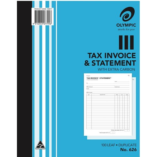 Invoice Statement Book 10x8 #626 Duplicate Carbon paper 250x200mm - sold each Olympic #142807 #100697422