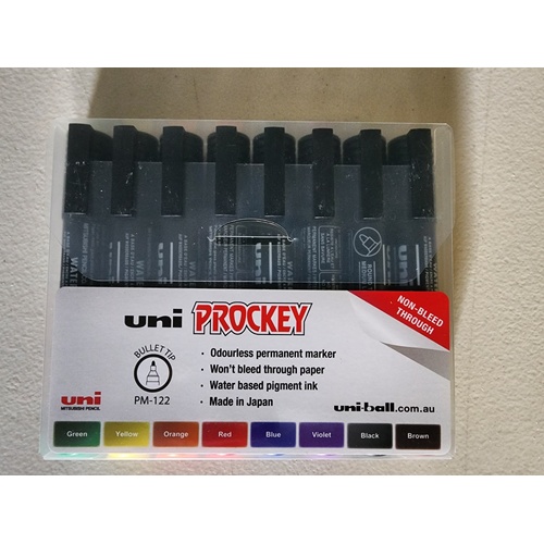 Markers Uni Prockey PM122 Bullet Point Assorted Wallet of 8 Permanent PM1228C Tip sizes 1.2-1.8mm