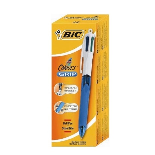 Pen Bic 4 Colour box 10 BP RT Grip Medium Point Clear Barrel 24541 #954300