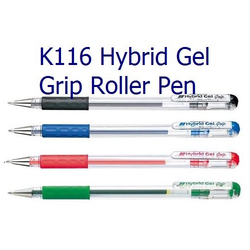 Pens Pentel K116 Hybrid Gel Grip 0.6mm Rubber Grip Black Blue or Red Choose Colour - box 12 