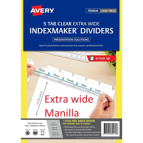 Dividers A4 5 Tab Print & Apply L7455 Laser Inkjet Punched White Clear Extra Wide 930170 Avery Manilla board with clear label tabs