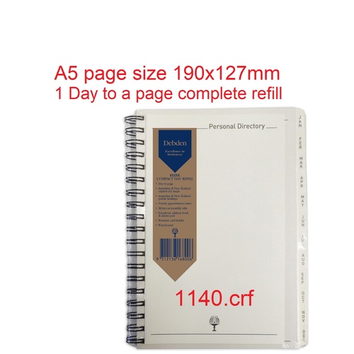 Diary 2026 Elite A5 1140.CRF-26 REFILL Day to Page 8am-7pm, 1 hourly 190x127mm Debden
