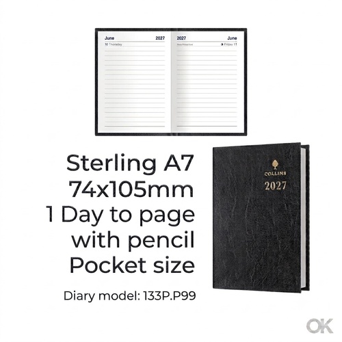 Diary 2027 Sterling A7 133P.P99-27 POCKET 1 Day to page Black with pencil 74x105mm