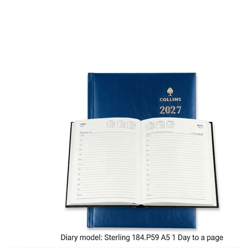 Diary 2027 Sterling A5 1 Day to page Blue 184.P59-27 Collins 7am - 8pm, 1 hourly 818794