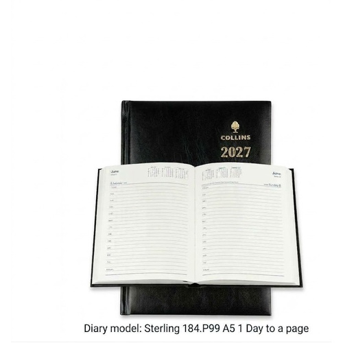 Diary 2027 Sterling A5 1 Day to page Black 184.P99-27 Collins 7am - 8pm, 1 hourly