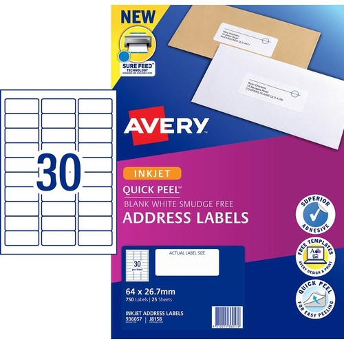 Labels 30up InkJet J8158 Avery 936057 box 25 White Permanent 