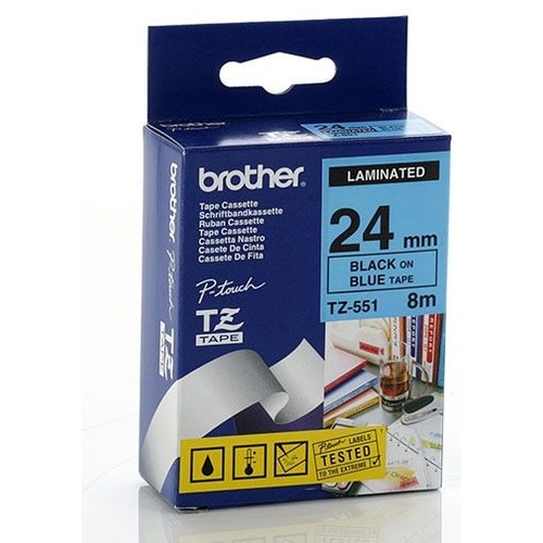 Brother TZe551 24mm x 8m BLACK on BLUE TZ-551 P-Touch - each 
