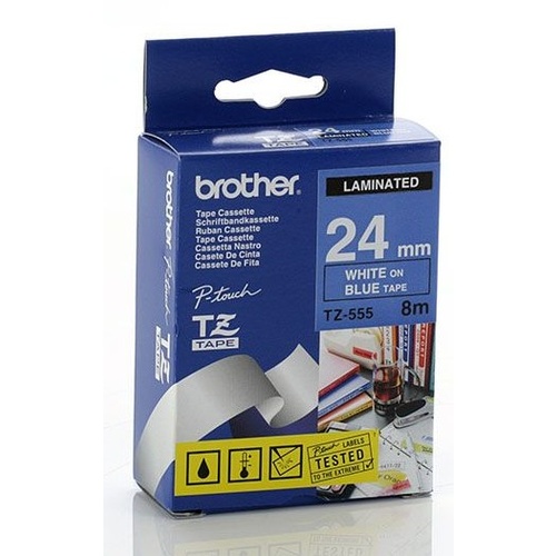 Brother TZe555 24mm X 8m WHITE on BLUE TZ-555 P-Touch - each 