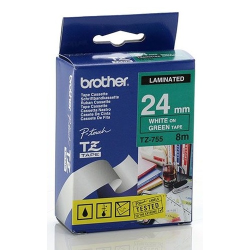 Brother TZ 24mm X 8m WHITE on GREEN TZ-755 P-Touch - each 