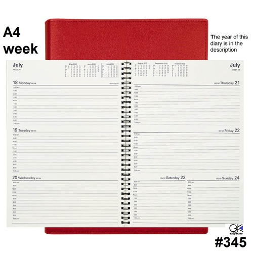 Diary 2027 VANESSA 345.V15-27 A4 Week to a View Red HORIZONTAL 1hr 8am-7pm WTO 297x210mm
