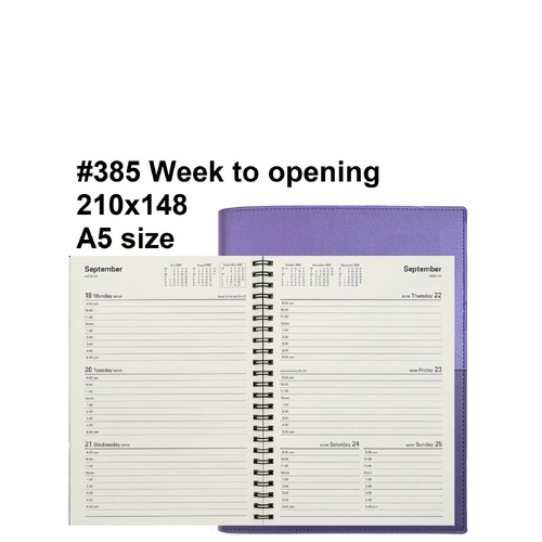 Diary 2027 VANESSA 385.V55-76 A5 Week Lilac Purple Week to View 9am-5pm, hour 385V55