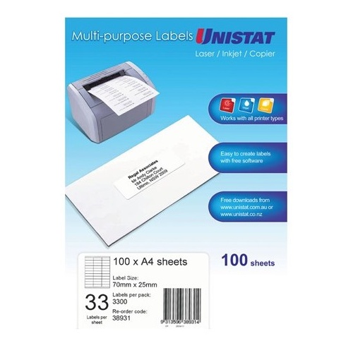 Labels 33up Copier Laser Inkjet box 100 Unistat 38931 70x25mm 
